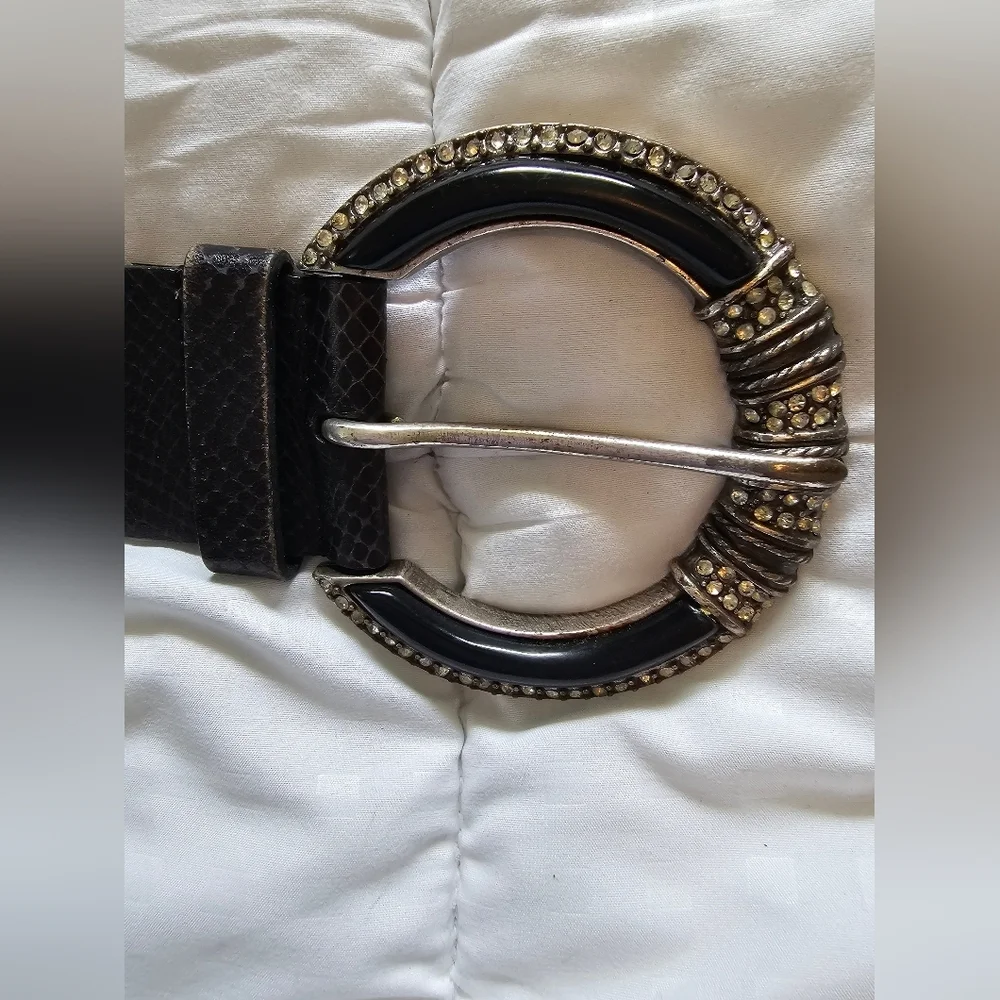 Chicos LeatherTextured Belt with Silver Rhinestone Buckle Bling - Picture 5 of 9